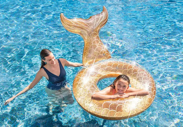 INTEX Glitter Mermaid Inflatable Swim Tube for Adults – Sparkling Pool Float with Gold & Pink Glitter, 147 x 107 x 79 cm, 12ga Vinyl, Mermaid Tail Design, Up to 100 kg - Damoo