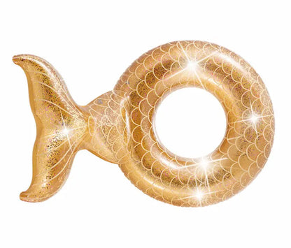 INTEX Glitter Mermaid Inflatable Swim Tube for Adults – Sparkling Pool Float with Gold & Pink Glitter, 147 x 107 x 79 cm, 12ga Vinyl, Mermaid Tail Design, Up to 100 kg - Damoo