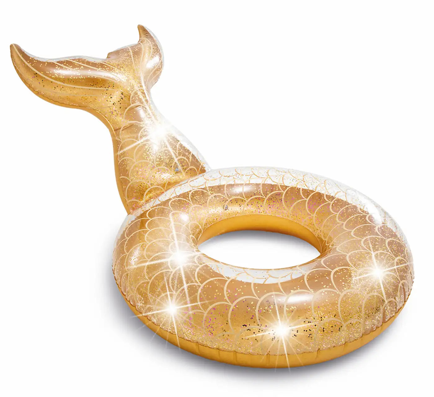 INTEX Glitter Mermaid Inflatable Swim Tube for Adults – Sparkling Pool Float with Gold & Pink Glitter, 147 x 107 x 79 cm, 12ga Vinyl, Mermaid Tail Design, Up to 100 kg - Damoo