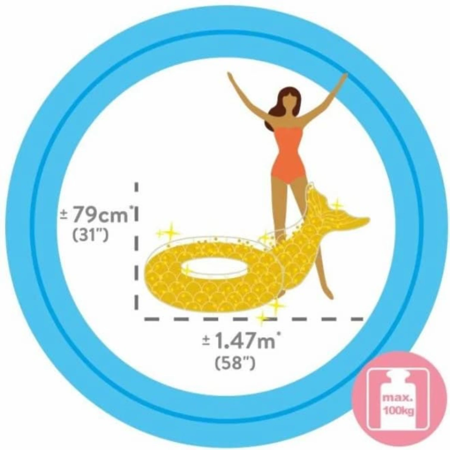 INTEX Glitter Mermaid Inflatable Swim Tube for Adults – Sparkling Pool Float with Gold & Pink Glitter, 147 x 107 x 79 cm, 12ga Vinyl, Mermaid Tail Design, Up to 100 kg - Damoo