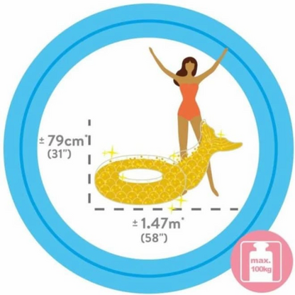 INTEX Glitter Mermaid Inflatable Swim Tube for Adults – Sparkling Pool Float with Gold & Pink Glitter, 147 x 107 x 79 cm, 12ga Vinyl, Mermaid Tail Design, Up to 100 kg - Damoo
