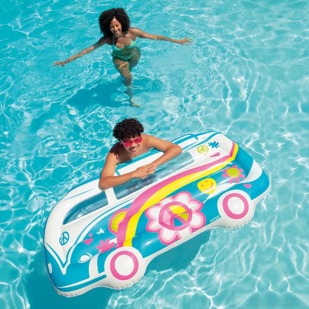 Intex Groovy Van Inflatable Pool Float – Retro Flower Power Floatie with Underwater Window & Repair Patch - Damoo