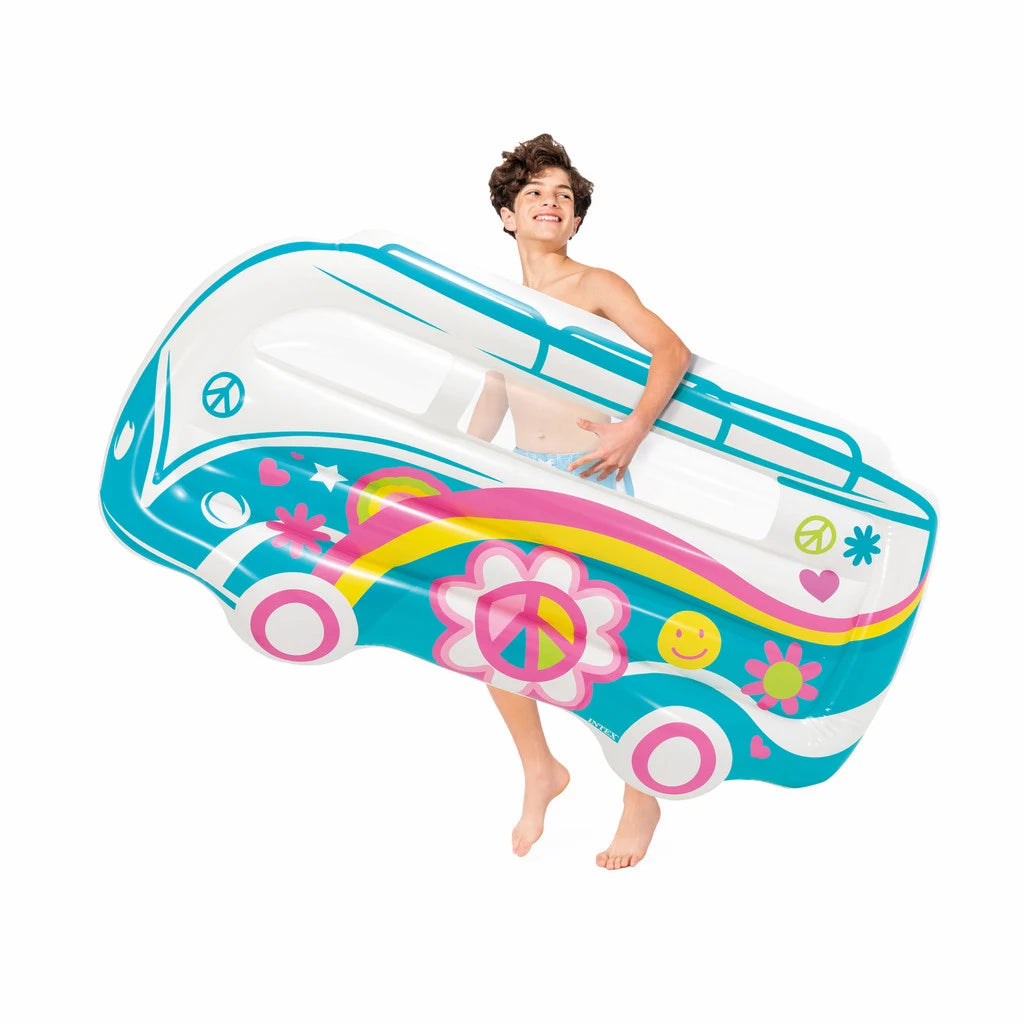 Intex Groovy Van Inflatable Pool Float – Retro Flower Power Floatie with Underwater Window & Repair Patch - Damoo