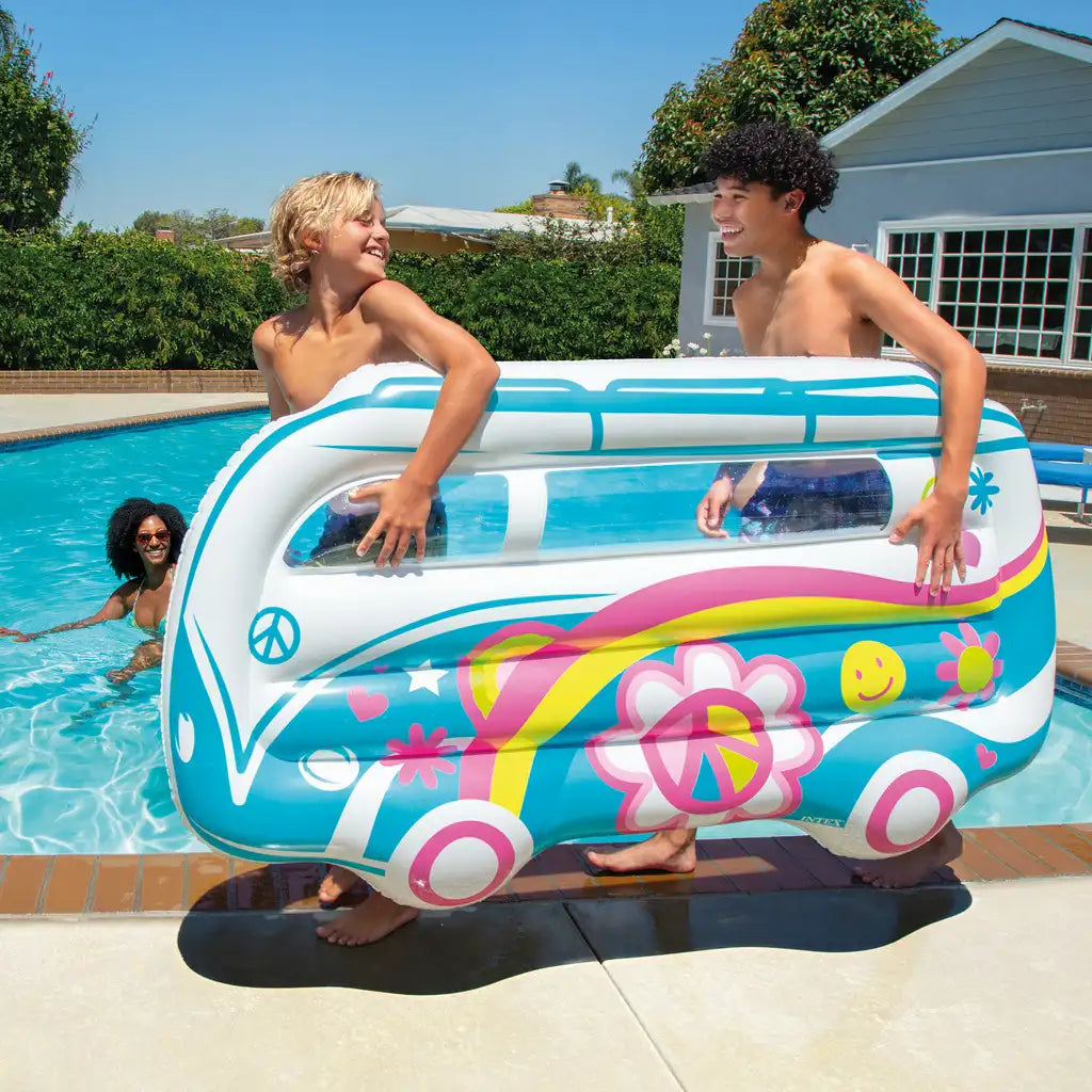 Intex Groovy Van Inflatable Pool Float – Retro Flower Power Floatie with Underwater Window & Repair Patch - Damoo