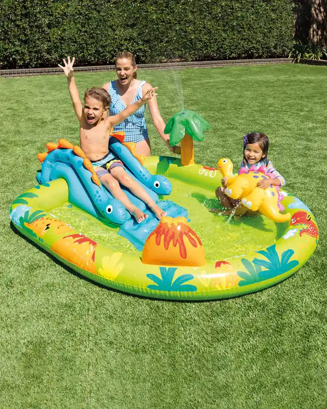 INTEX Little Dino Inflatable Play Center for Kids – Dinosaur-Themed Water Park with Slide, Sprayer & Landing Mat, 191 x 152 x 58 cm, For Ages 2+, Built-In Water Sprinkler & Repair Patch Included - Damoo