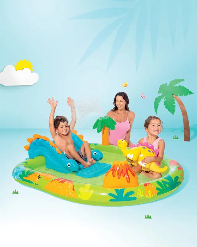 INTEX Little Dino Inflatable Play Center for Kids – Dinosaur-Themed Water Park with Slide, Sprayer & Landing Mat, 191 x 152 x 58 cm, For Ages 2+, Built-In Water Sprinkler & Repair Patch Included - Damoo