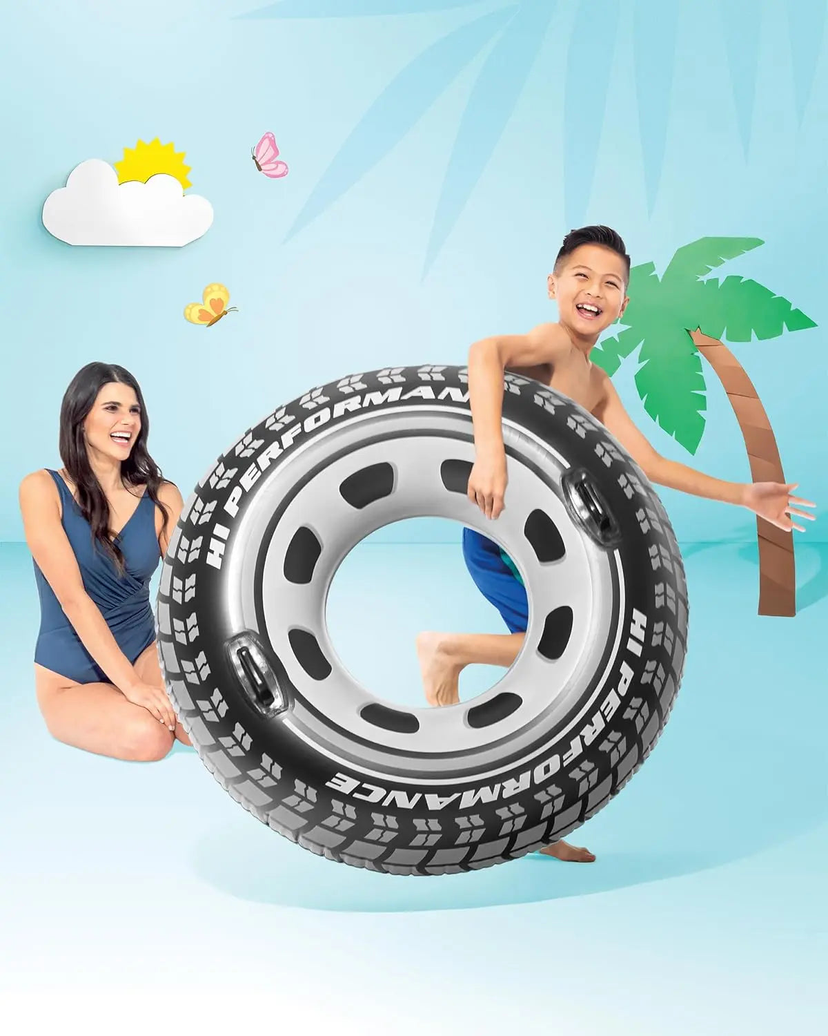 Intex Monster Truck Inflatable Pool Tube – Heavy-Duty 10-Gauge Vinyl Swim Ring with Handles – Rugged Tire Design for Kids Ages 9+ (Supports Up to 100 kg) - Damoo