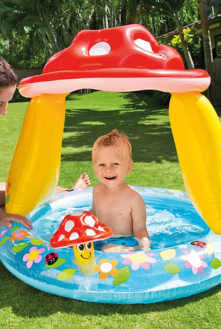 Intex Mushroom Inflatable Baby Pool with Built-In Sunshade – 102 x 89 cm Kiddie Pool for Ages 1–3 – Soft Floor & Cute Mushroom Design - Damoo