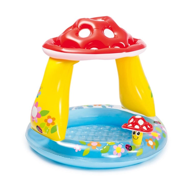 Intex Mushroom Inflatable Baby Pool with Built-In Sunshade – 102 x 89 cm Kiddie Pool for Ages 1–3 – Soft Floor & Cute Mushroom Design - Damoo