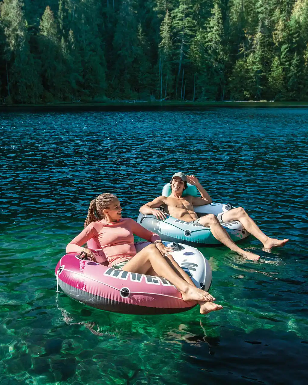 Intex Pink River Run® 1 Inflatable Lake Tube for Adults – 135 cm Floating Pool Ring with Backrest, Cup Holders, Mesh Bottom & Connectors - Damoo