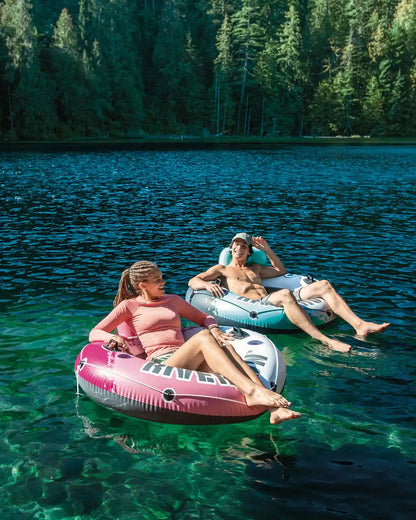 Intex Pink River Run® 1 Inflatable Lake Tube for Adults – 135 cm Floating Pool Ring with Backrest, Cup Holders, Mesh Bottom & Connectors - Damoo