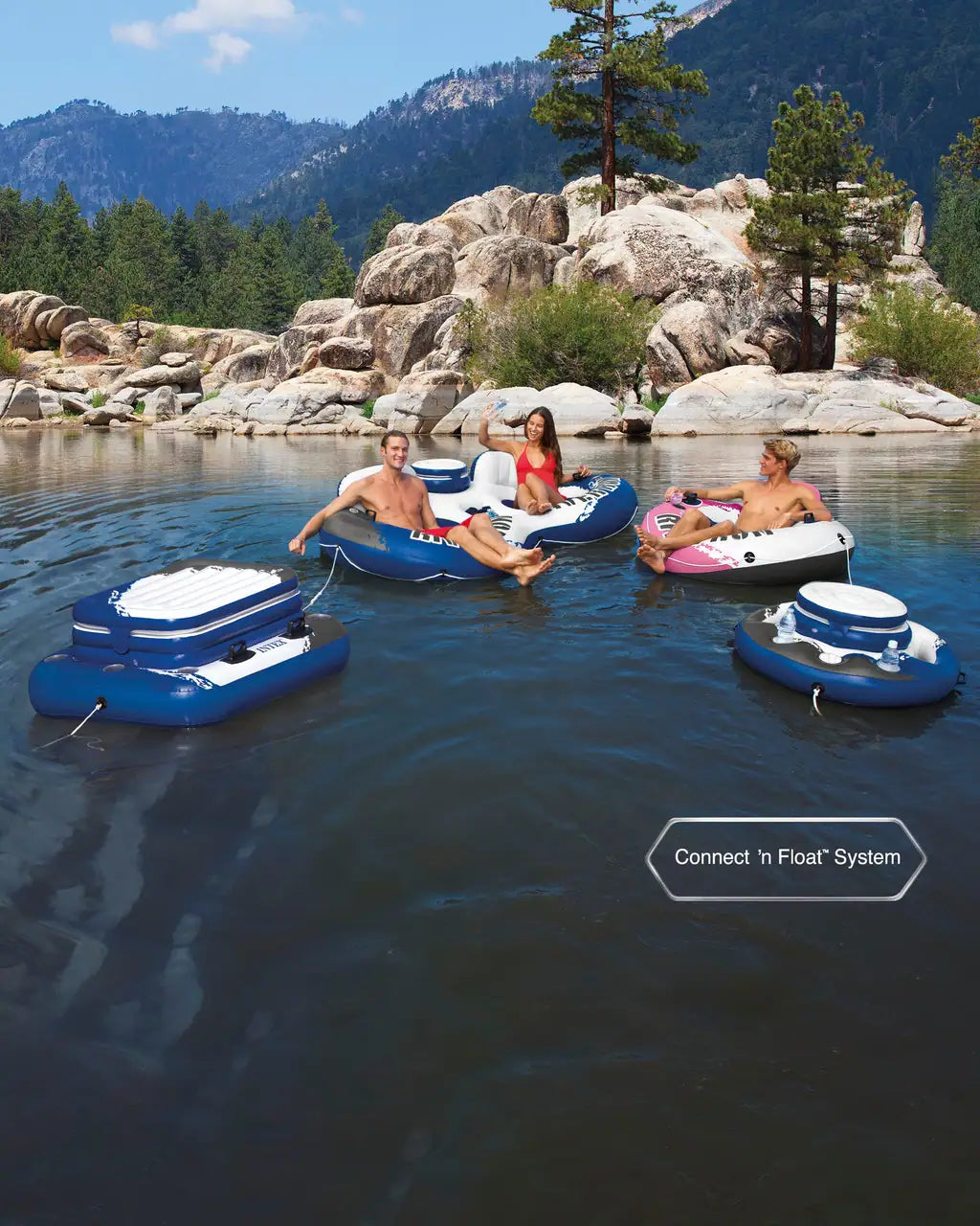 Intex Pink River Run® 1 Inflatable Lake Tube for Adults – 135 cm Floating Pool Ring with Backrest, Cup Holders, Mesh Bottom & Connectors - Damoo