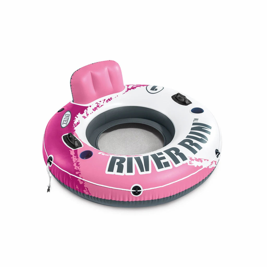 Intex Pink River Run® 1 Inflatable Lake Tube for Adults – 135 cm Floating Pool Ring with Backrest, Cup Holders, Mesh Bottom & Connectors - Damoo