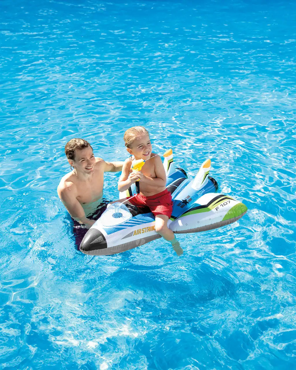 Intex Plane Ride-On Inflatable Pool Float with Built-In Water Gun – Airplane Pool Rider for Kids Ages 3+ – 117 cm Vinyl Float in Red or Blue - Damoo