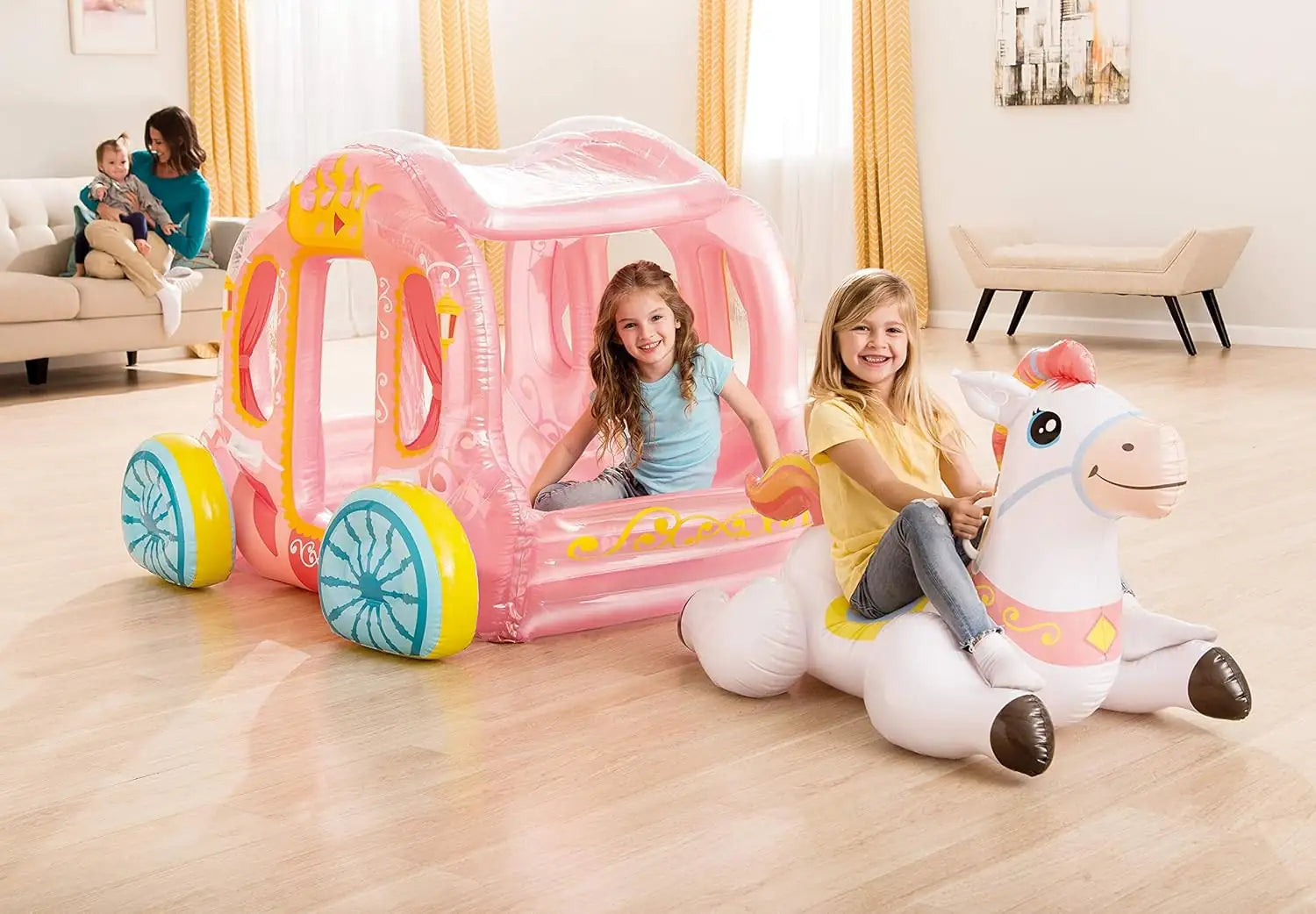 INTEX Princess Carriage Inflatable Play Centre for Kids – Fairy Tale Coach with Horse, Indoor & Outdoor Use, 145 x 135 x 104 cm, for Ages 3+, Holds 2 Children (Up to 100 kg) - Damoo