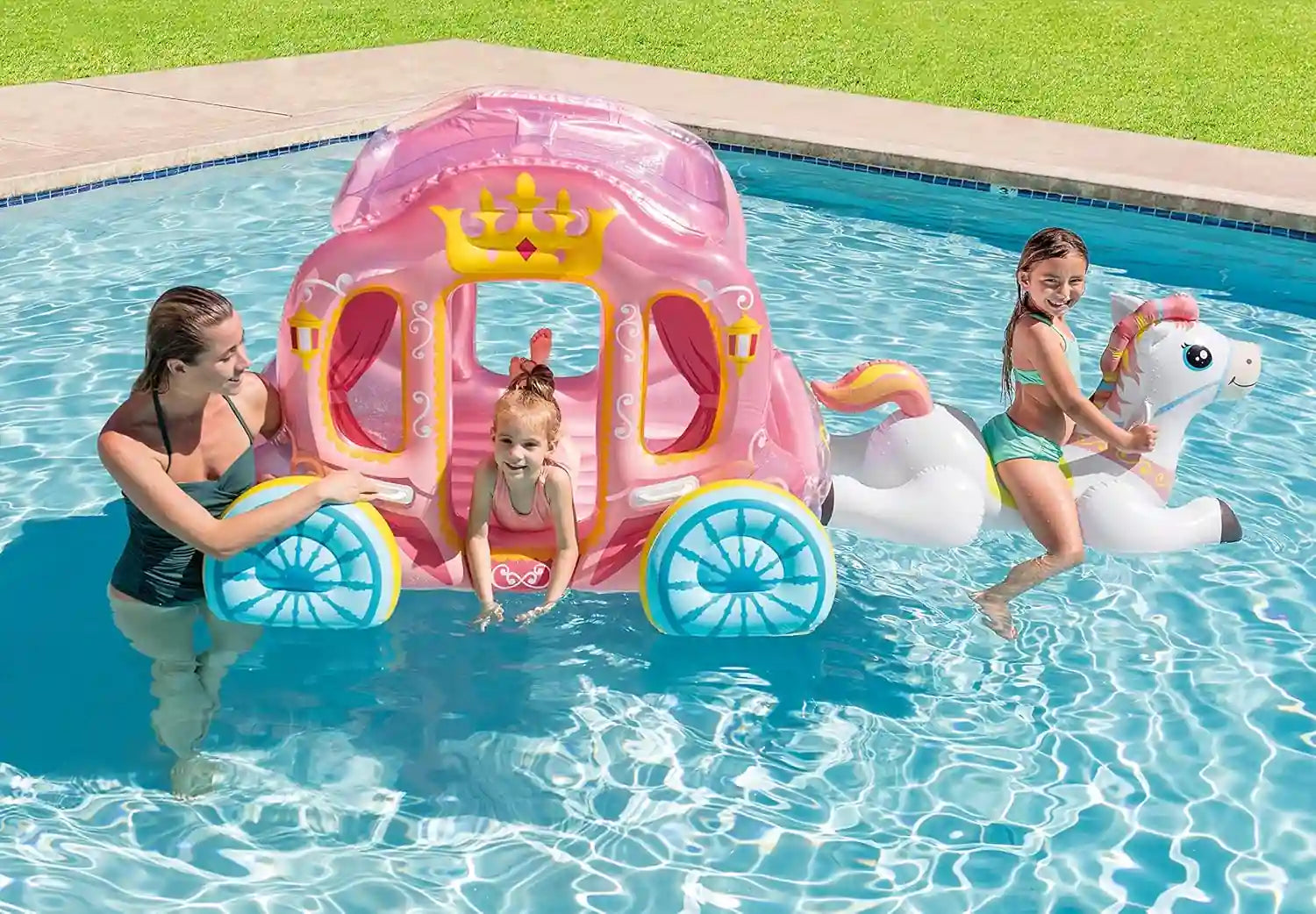 INTEX Princess Carriage Inflatable Play Centre for Kids – Fairy Tale Coach with Horse, Indoor & Outdoor Use, 145 x 135 x 104 cm, for Ages 3+, Holds 2 Children (Up to 100 kg) - Damoo