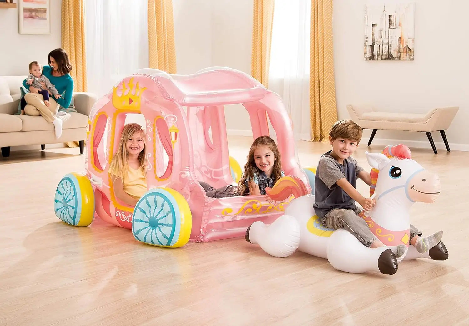INTEX Princess Carriage Inflatable Play Centre for Kids – Fairy Tale Coach with Horse, Indoor & Outdoor Use, 145 x 135 x 104 cm, for Ages 3+, Holds 2 Children (Up to 100 kg) - Damoo