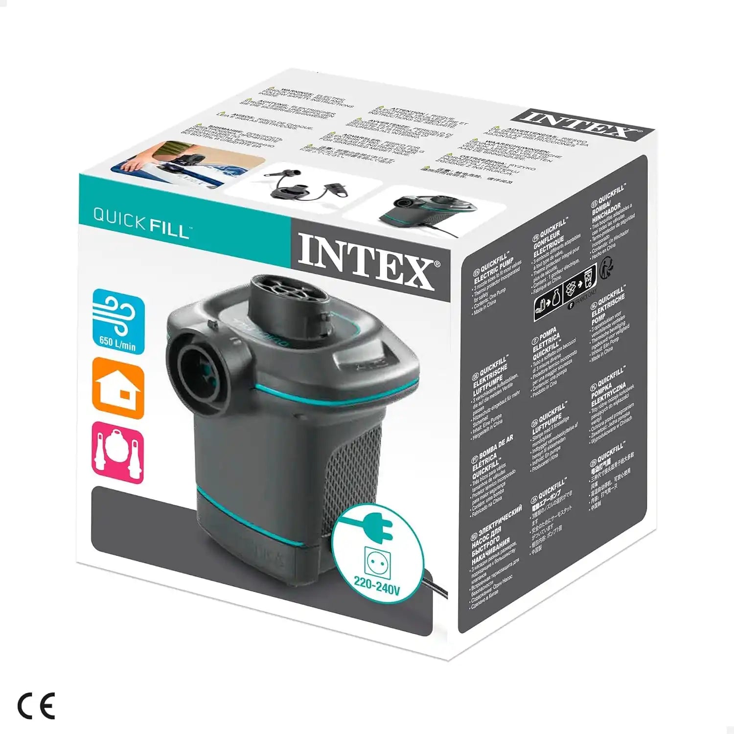 INTEX Quick-Fill AC Electric Air Pump – 650L/min High-Volume Inflator/Deflator with 3 Nozzles, Indoor Use, 220–240V, Fast Air Flow for Mattresses, Floats & Inflatables - Damoo