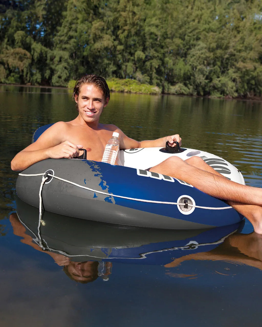 Intex River Run® 1 Inflatable Floating Tube – 135 cm Diameter Lake & River Float with Backrest, Cup Holders & Mesh Bottom – Adult Pool Lounger with Connect 'n Float™ System - Damoo