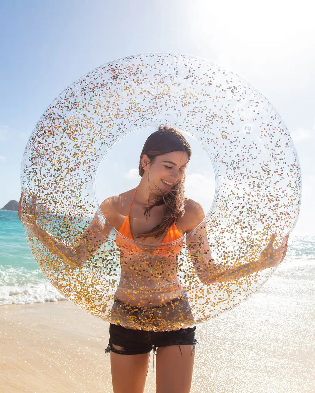 Intex Sparkling Glitter Inflatable Pool Tubes – 47in Transparent Swim Rings with Gold Glitter – Durable Vinyl Float for Ages 9+ - Damoo