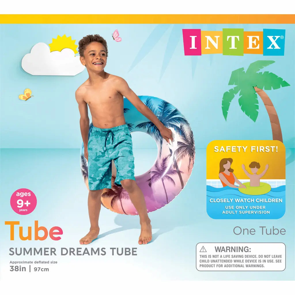 Intex Summer Dreams Inflatable Pool Swim Tubes – Tropical Design Float Ring | 96.5 cm Diameter | With Grab Handles | Age 9+ - Damoo