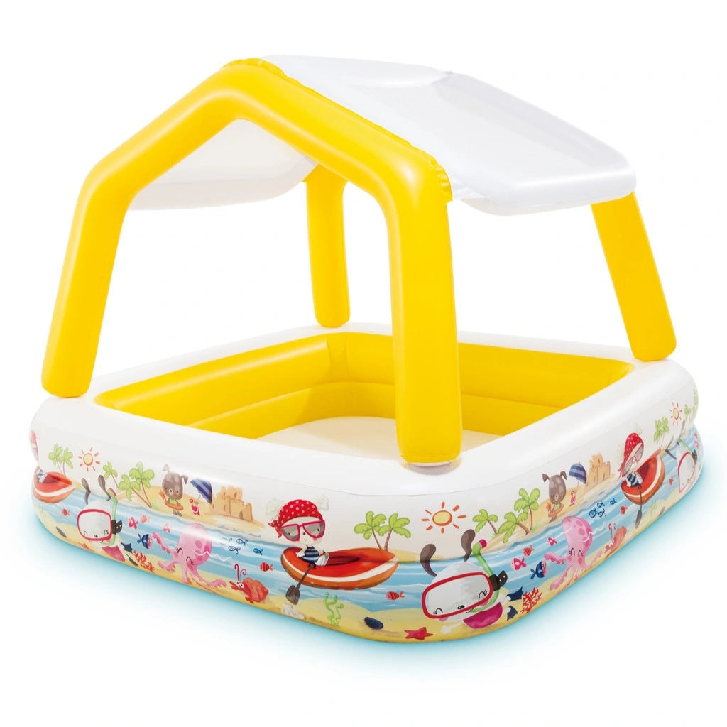 Intex Sun Shade Inflatable Kiddie Pool – 157 x 157 x 122 cm Shaded Splash Pool for Kids Ages 2+ – Removable Canopy & Ocean Theme Design - Damoo