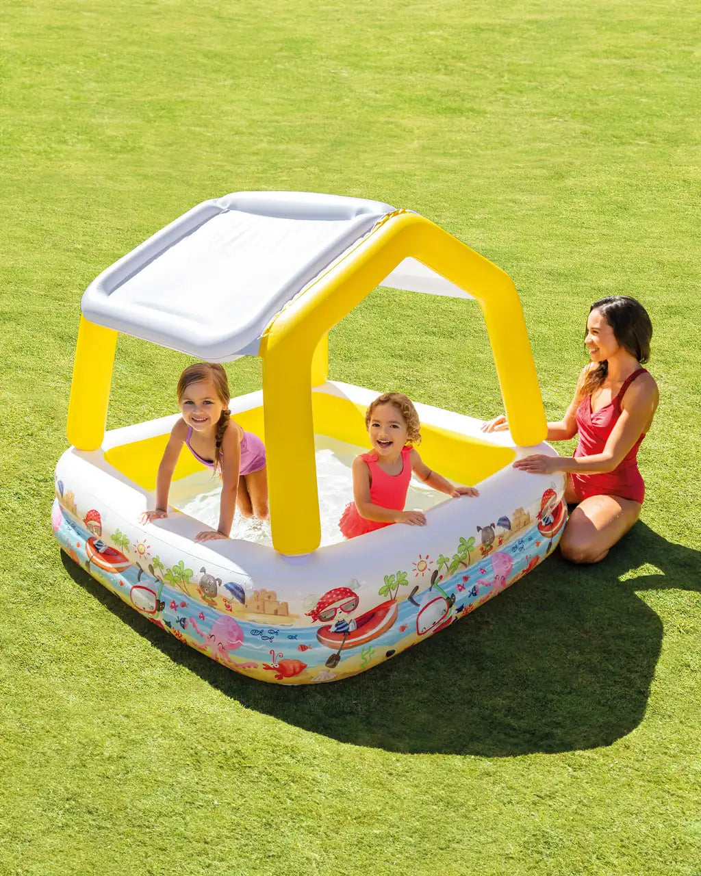 Intex Sun Shade Inflatable Kiddie Pool – 157 x 157 x 122 cm Shaded Splash Pool for Kids Ages 2+ – Removable Canopy & Ocean Theme Design - Damoo