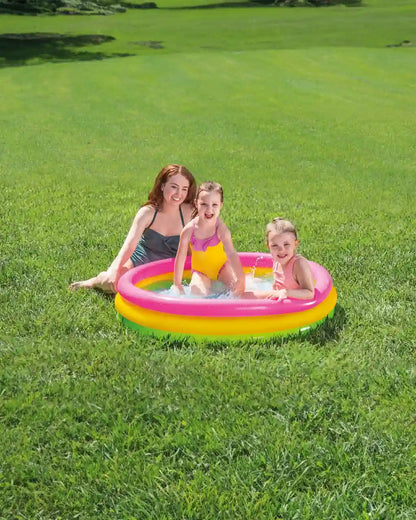 INTEX Sunset Glow Inflatable Kiddie Pool – 114 x 25 cm, Soft Floor, Colorful 3-Ring Baby Pool - Damoo