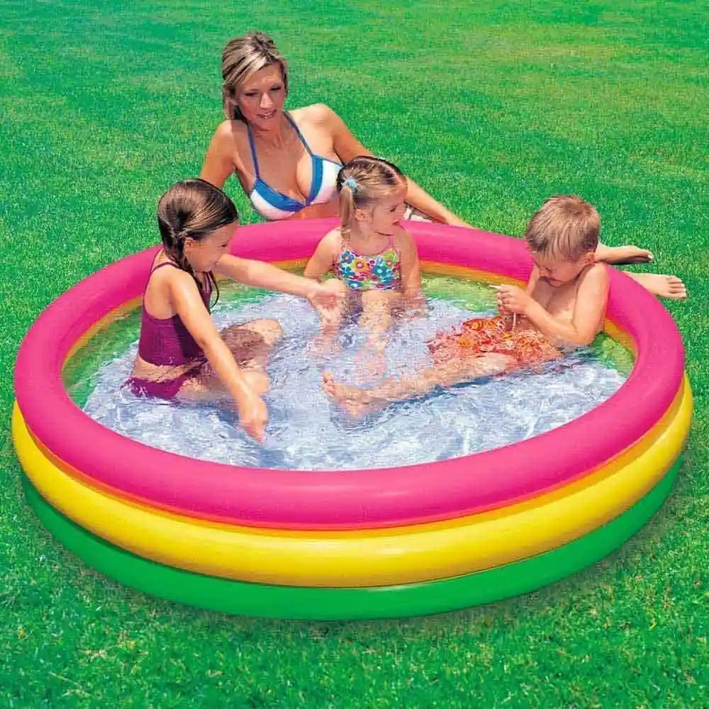 INTEX Sunset Glow Inflatable Kiddie Pool – 114 x 25 cm, Soft Floor, Colorful 3-Ring Baby Pool - Damoo