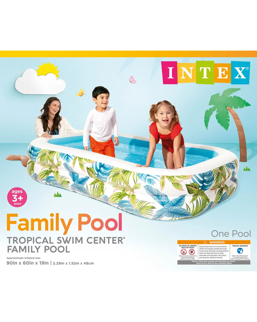 Intex Swim Center Tropical Inflatable Pool – 229cm x 152cm x 48cm, 600L Capacity with Drain Plug, Ages 3+ - Damoo