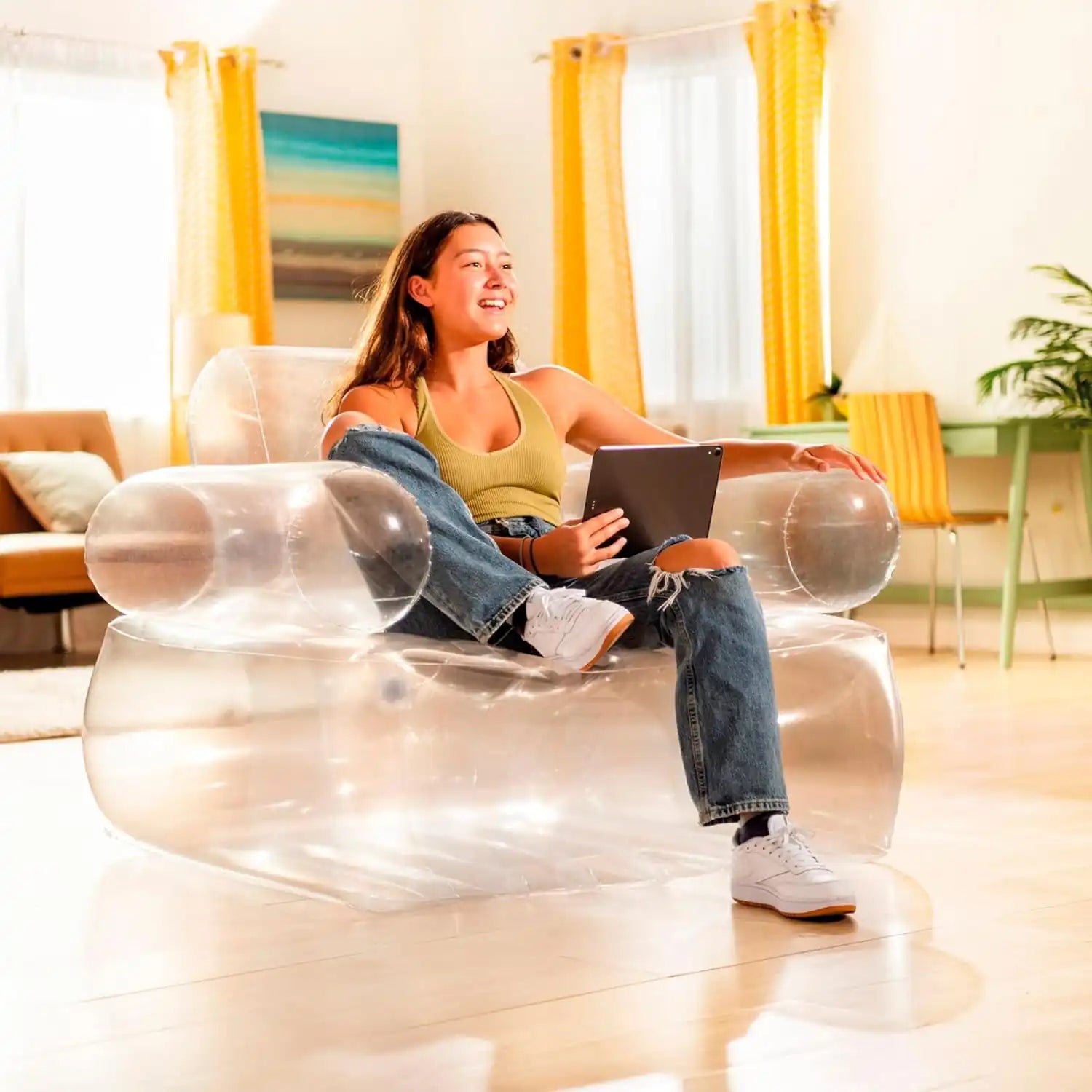 INTEX Transparent Inflatable Armchair – Air Lounge Chair with Armrests, Durable PVC Build, Compact & Portable, 109×107×79cm - Damoo
