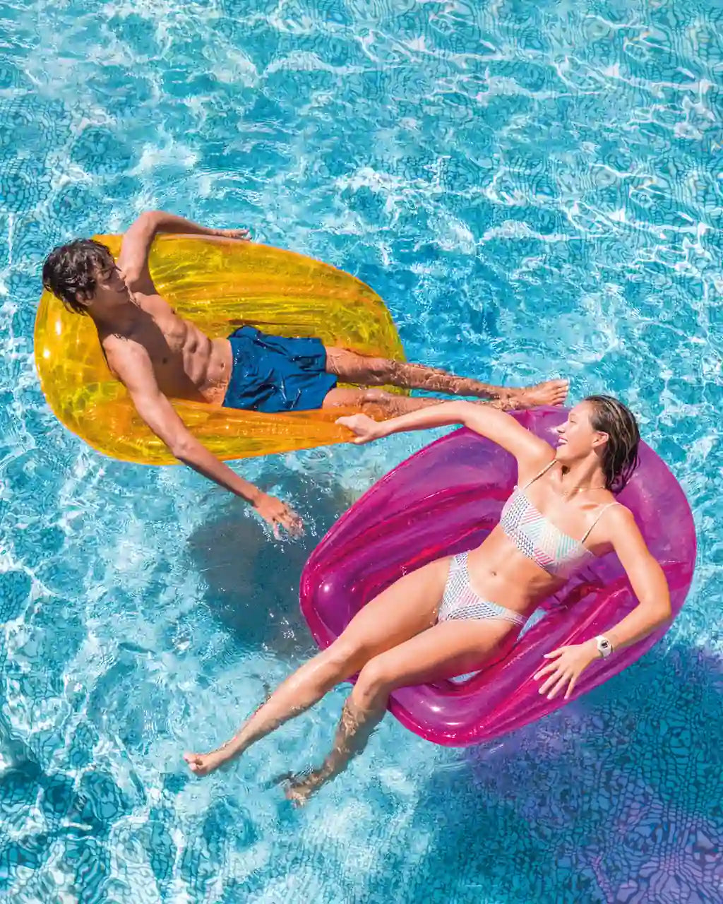 INTEX Transparent Inflatable Pool Lounge Mat with Headrest & Mesh Bottom – 104 x 102 cm, Assorted Colors, Durable & Comfortable Float for Adults (Up to 80 kg) - Damoo