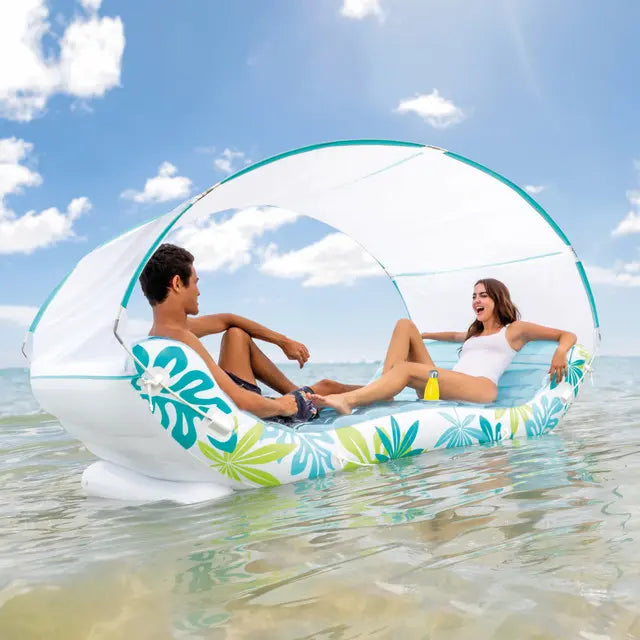 INTEX Tropical Canopy Inflatable Lounge Float – Removable Sunshade, Cup Holders, Extra Thick Vinyl & Rope Handles, 224 x 150 x 163 cm, 200 kg Capacity, For Adults - Damoo