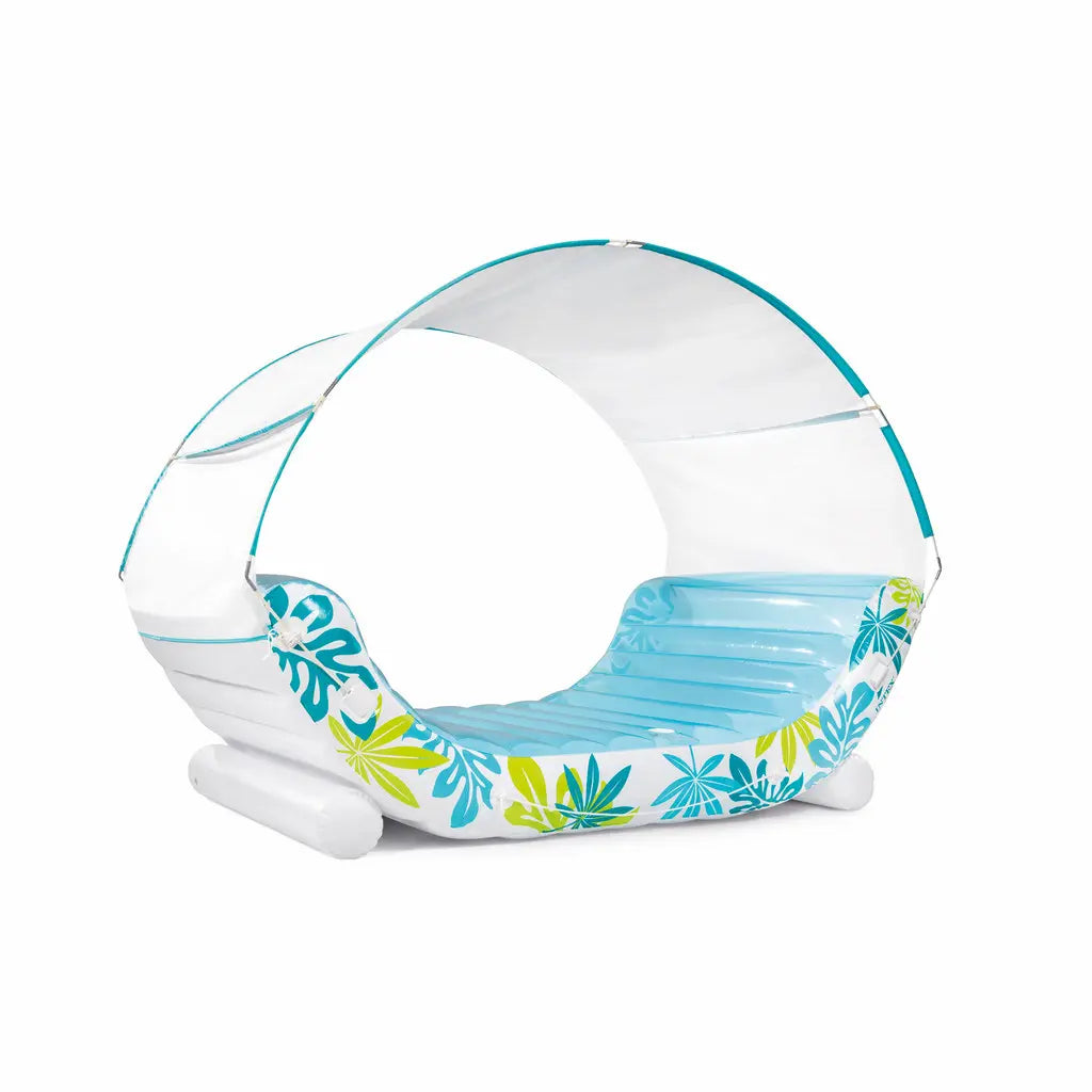 INTEX Tropical Canopy Inflatable Lounge Float – Removable Sunshade, Cup Holders, Extra Thick Vinyl & Rope Handles, 224 x 150 x 163 cm, 200 kg Capacity, For Adults - Damoo
