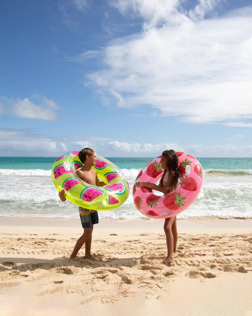 Intex Tropical Fruit Inflatable Swim Tubes – Assorted Pool Floats with Handles – 107 cm for Ages 9+ - Damoo