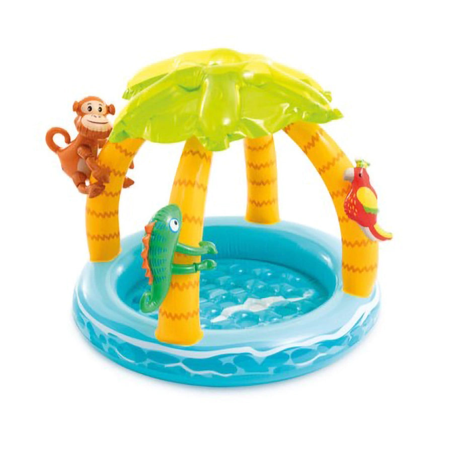 Intex Tropical Island Inflatable Kiddie Pool – Jungle-Themed Baby Pool with Palm Tree Shade & Detachable Animal Toys – 102 x 86 cm for Ages 1–3 - Damoo