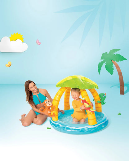 Intex Tropical Island Inflatable Kiddie Pool – Jungle-Themed Baby Pool with Palm Tree Shade & Detachable Animal Toys – 102 x 86 cm for Ages 1–3 - Damoo