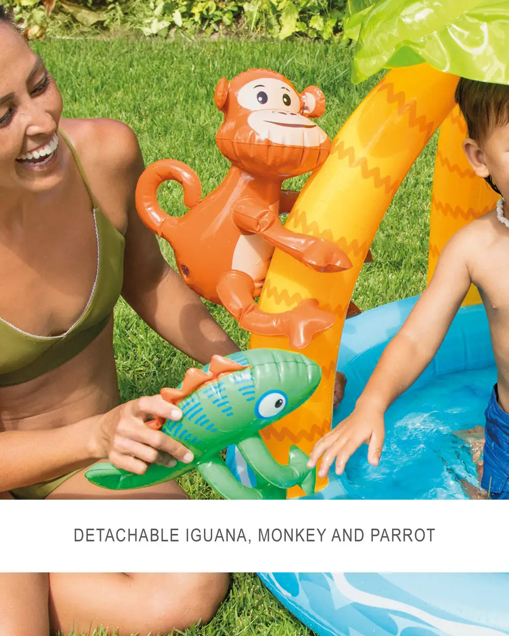 Intex Tropical Island Inflatable Kiddie Pool – Jungle-Themed Baby Pool with Palm Tree Shade & Detachable Animal Toys – 102 x 86 cm for Ages 1–3 - Damoo