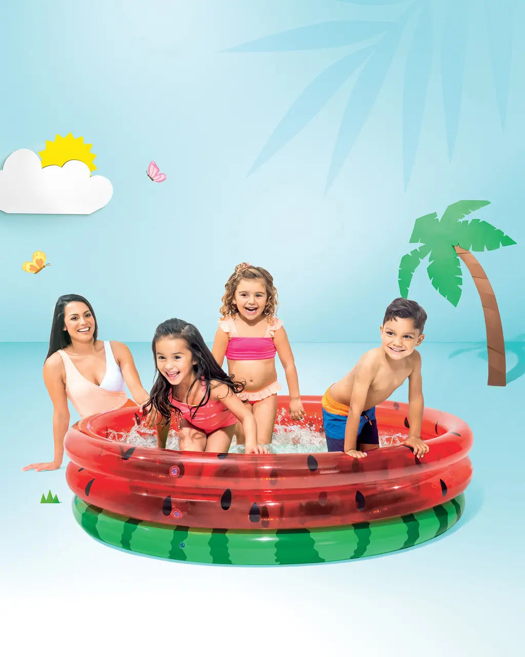 Intex Watermelon Inflatable Kiddie Pool – 168cm Round Backyard Pool for Toddlers & Kids, 583L Capacity, Durable Vinyl with Repair Patch - Damoo