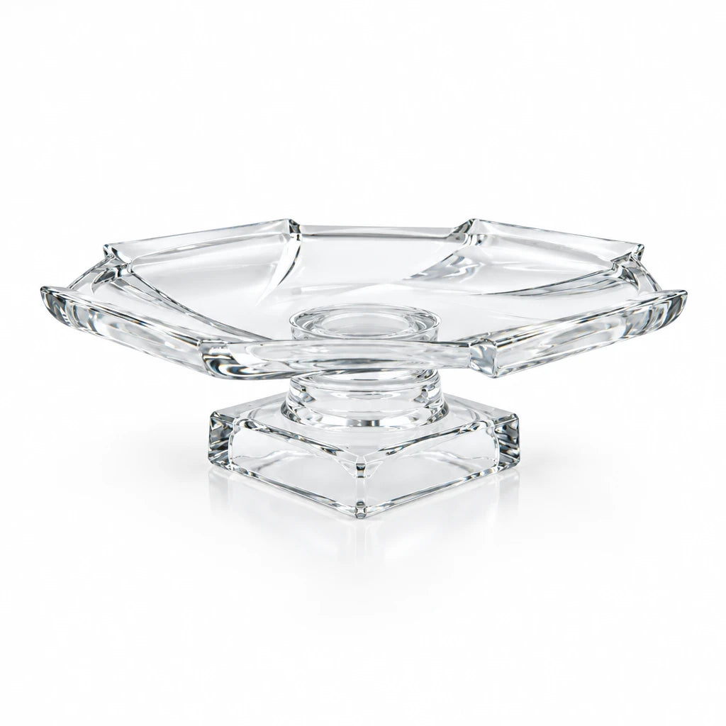 Isfahan 193 Embossed Glass Square Serving Plate on Foot – Large 29.1 cm - Elegant Clear Glass Dish for Events, Home & Gifting - Damoo