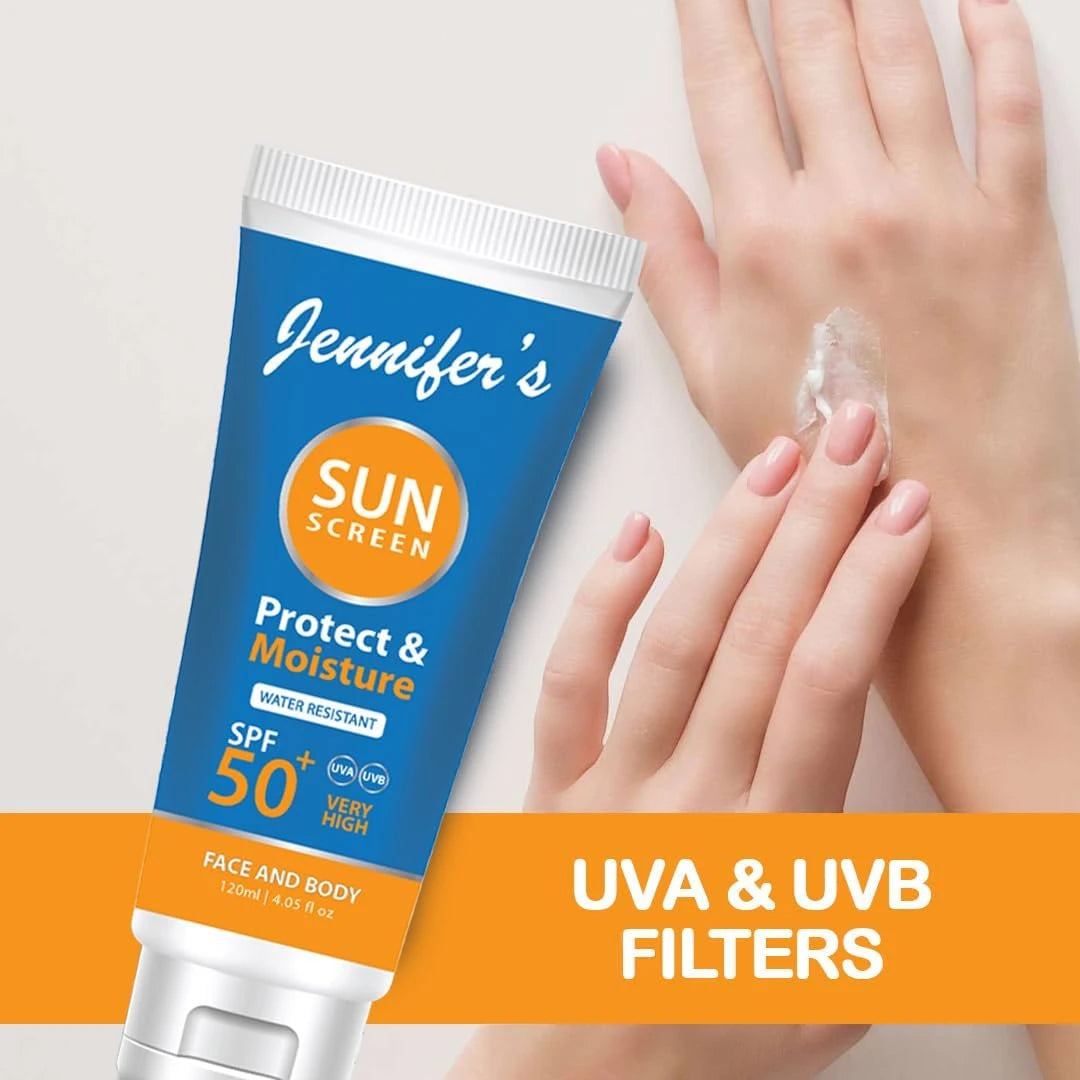 Jennifer's Face & Body Sunscreen Lotion SPF 50 – 120ml | Broad Spectrum UVA/UVB Protection | Water-Resistant | Hydrating & Radiance-Boosting Formula - Damoo