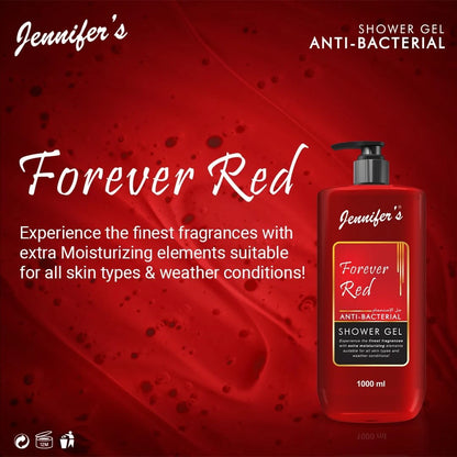 Jennifer’s Forever Red Anti-Bacterial Shower Gel – 1 Liter | Extra Moisturizing Body Wash for All Skin Types | Deep Cleanse + Hydration for All Seasons - Damoo
