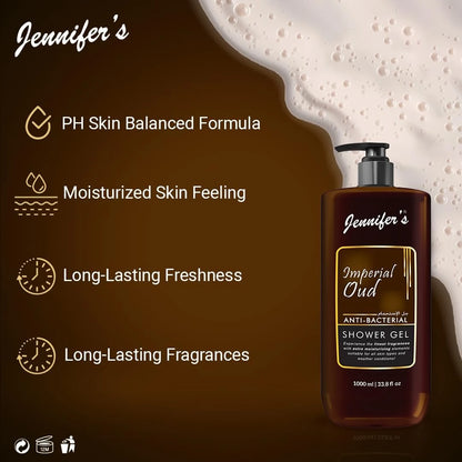 Jennifer's Imperial Oud Anti-Bacterial Shower Gel 1000ML | Deep Cleansing & Intense Moisturizing Body Wash | All Skin Types | Luxurious Oud Fragrance | Long-Lasting Freshness | Weather-Friendly Care - Damoo