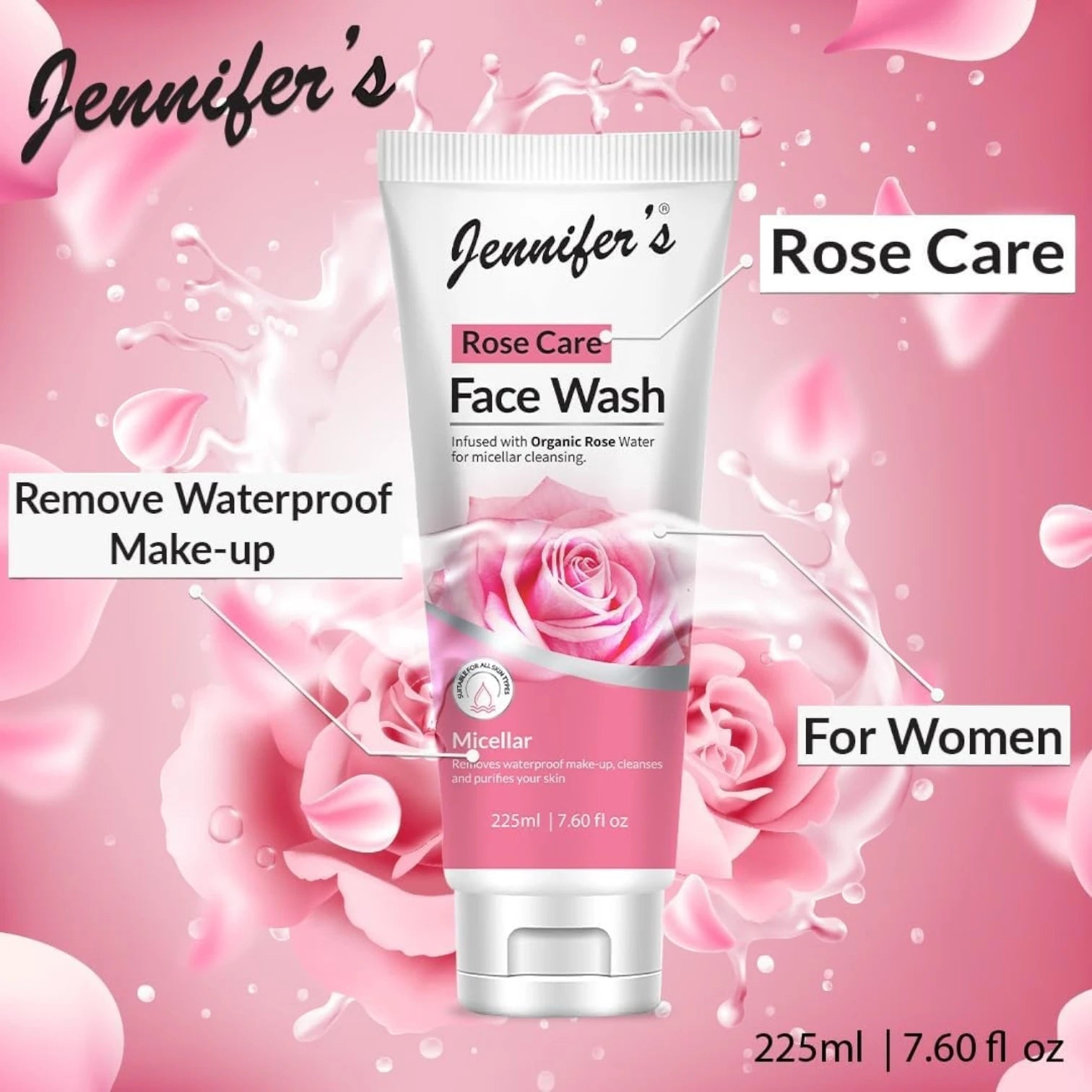 Jennifer's Rose Care Face Wash – 225ml | Infused with Organic Rose Water & Micellar Technology | Removes Waterproof Makeup, Deeply Cleanses & Hydrates | For All Skin Types - Damoo