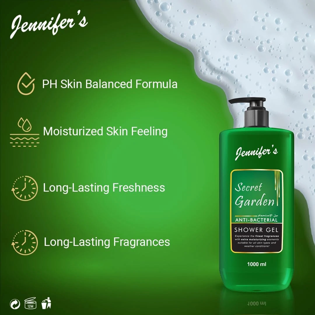 Jennifer's Secret Garden Anti-Bacterial Shower Gel – 1L (Pack of 3) | Deep Cleansing & Extra Moisturizing Body Wash | All Skin Types | Year-Round Skin Protection - Damoo