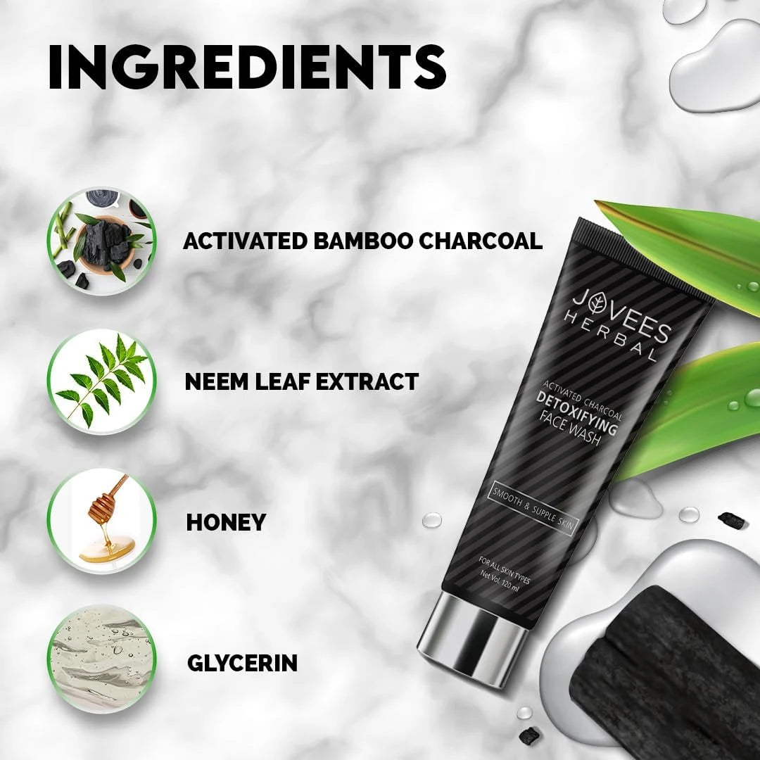 Jovees Activated Charcoal Detox Face Wash – 120ml | Deep Pore Cleanser for Acne-Prone & Oily Skin | Controls Oil, Fights Acne, and Detoxifies | Paraben-Free - Damoo