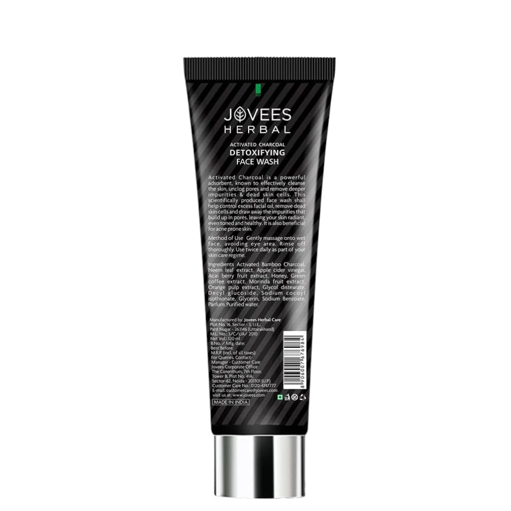 Jovees Activated Charcoal Detox Face Wash – 120ml | Deep Pore Cleanser for Acne-Prone & Oily Skin | Controls Oil, Fights Acne, and Detoxifies | Paraben-Free - Damoo
