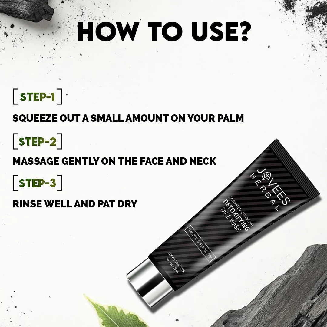Jovees Activated Charcoal Detox Face Wash – 120ml | Deep Pore Cleanser for Acne-Prone & Oily Skin | Controls Oil, Fights Acne, and Detoxifies | Paraben-Free - Damoo