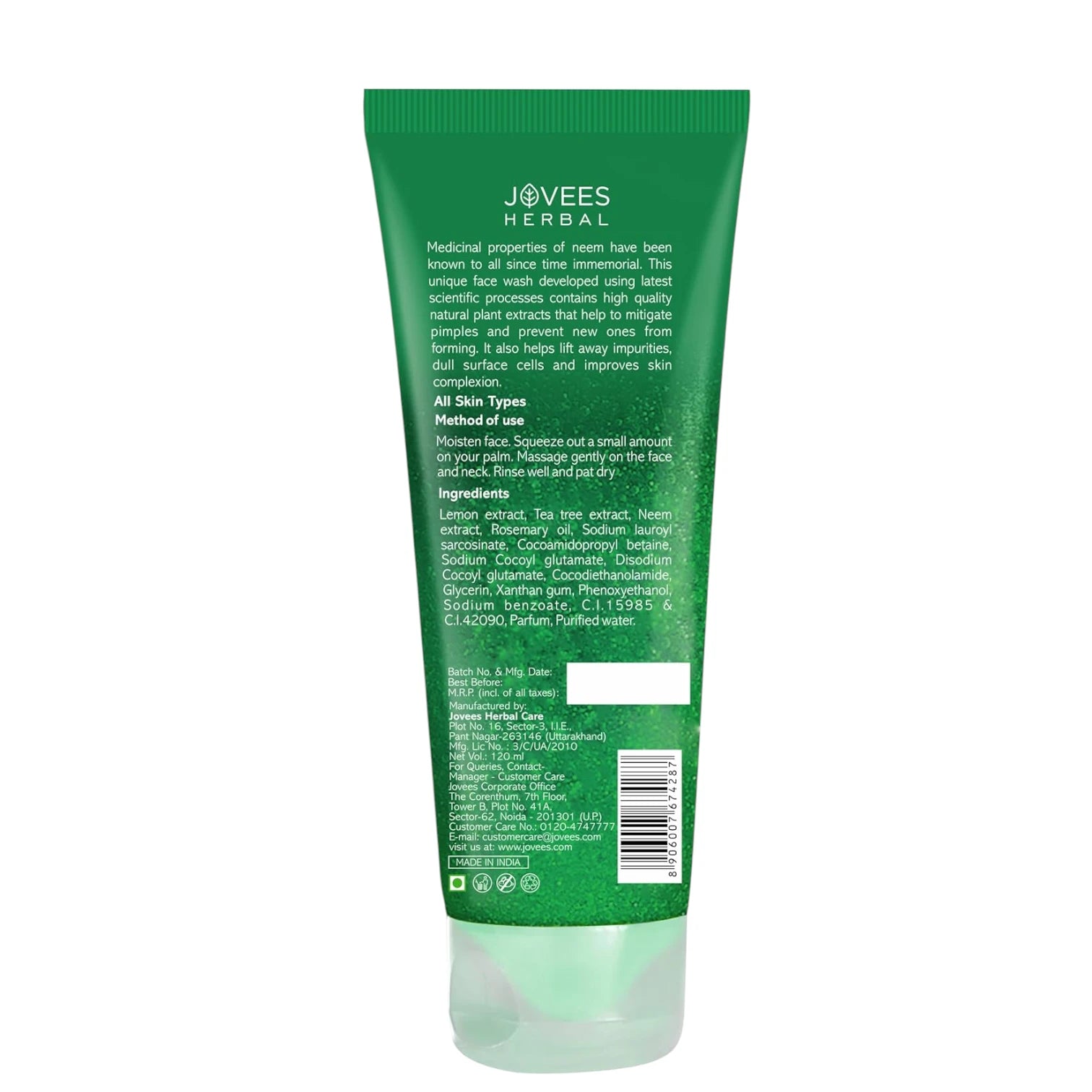 Jovees Herbal Neem Face Wash 120ml – Neem & Tea Tree Extracts | Fights Acne & Pimples | Deep Cleansing & Oil Control | For Men & Women | All Skin Types - Damoo