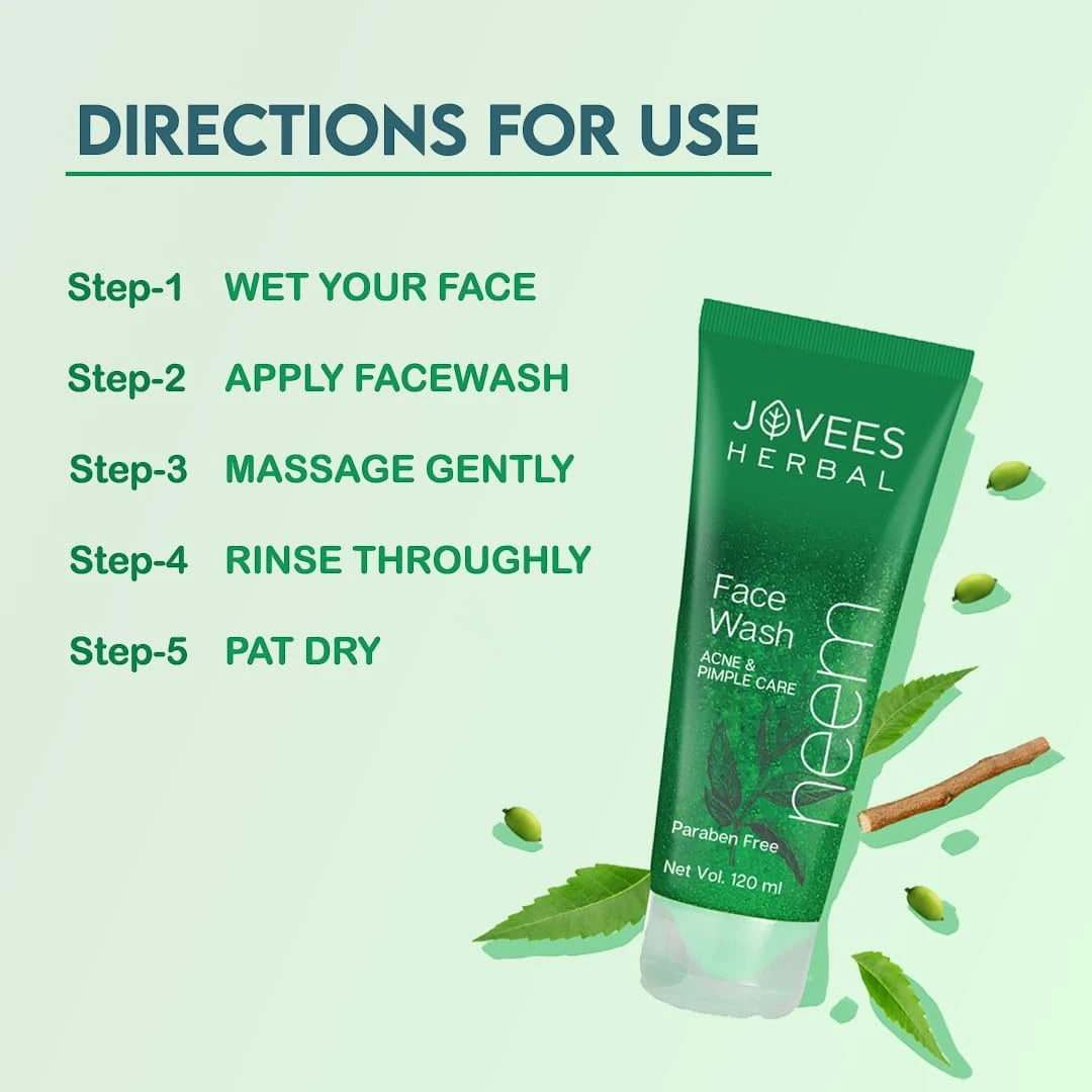 Jovees Herbal Neem Face Wash 120ml – Neem & Tea Tree Extracts | Fights Acne & Pimples | Deep Cleansing & Oil Control | For Men & Women | All Skin Types - Damoo